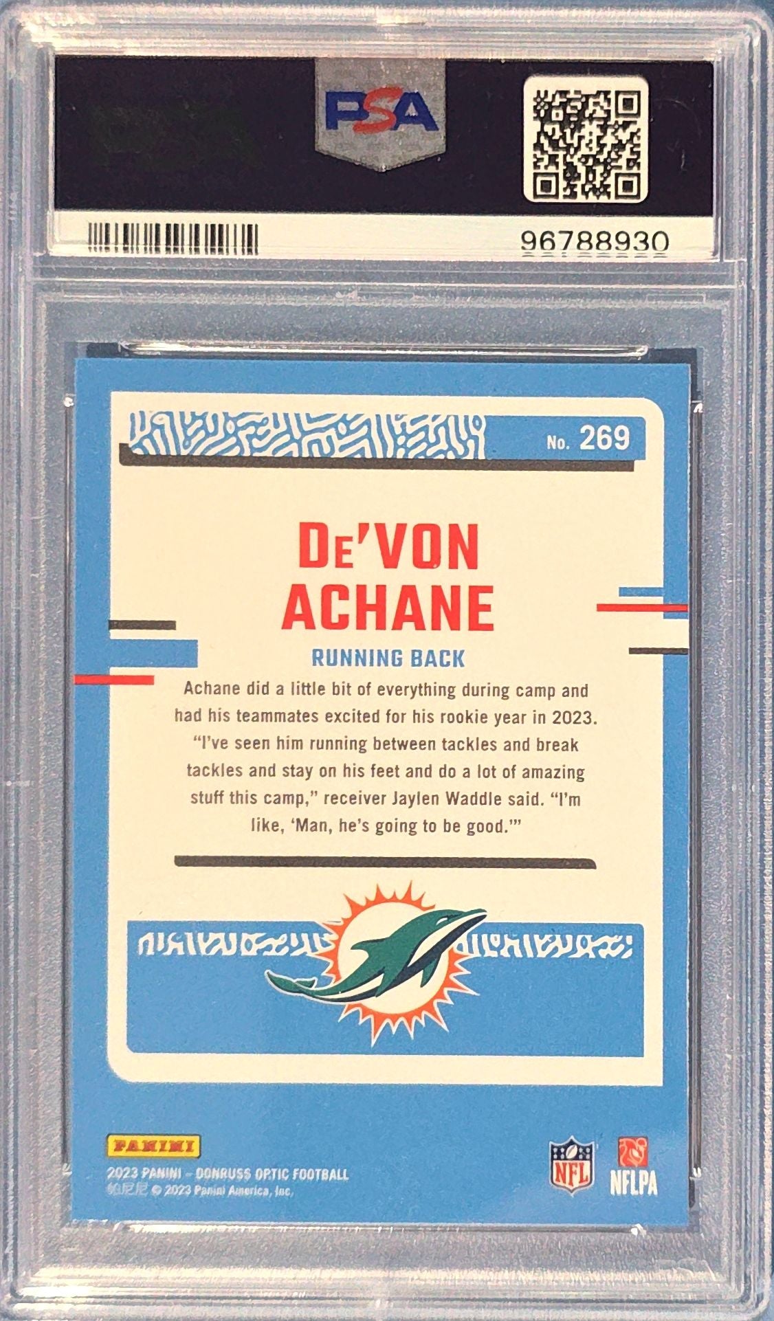 Rookie Achane 2023 Panini Donruss Optic Rated Rookie #269 (RC) PSA 8