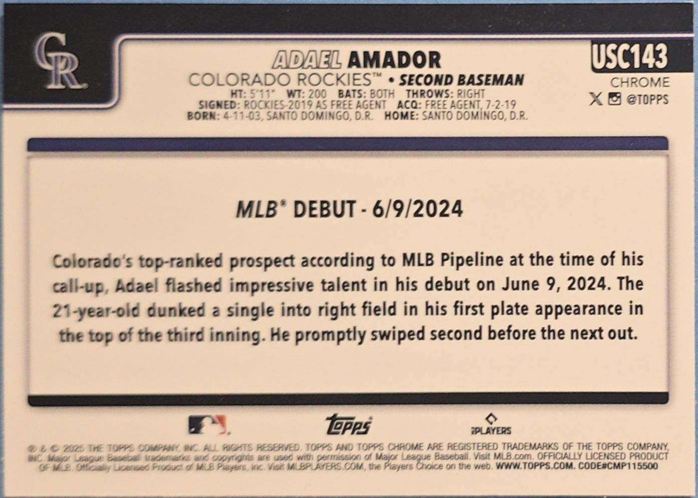 Adael Amador 2025 Topps Chrome X-Fractor Rookie Debut #USC143 (RC)