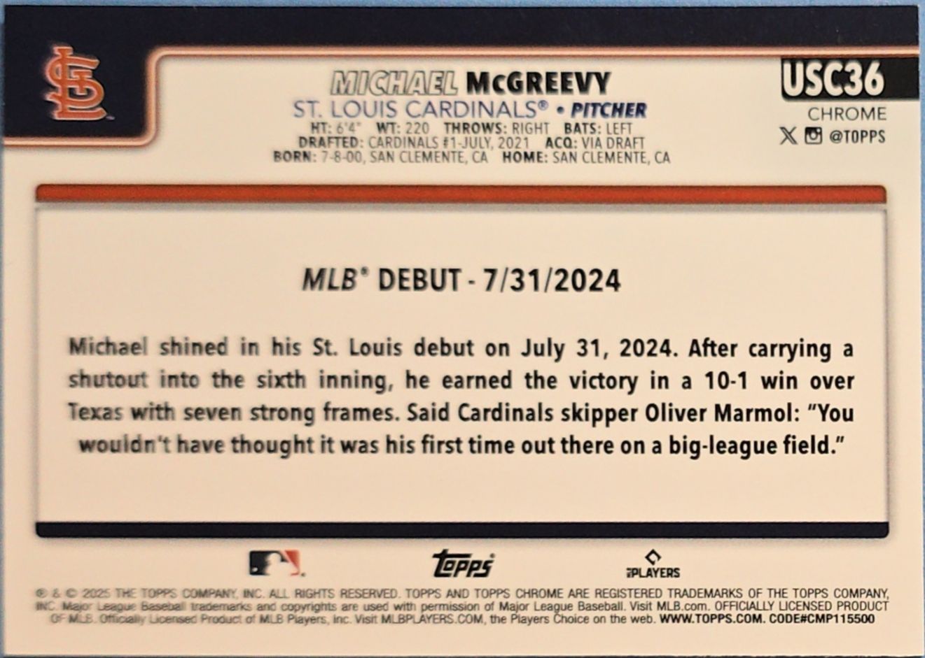 Michael McGreevy 2025 Topps Chrome Rookie Debut X-Fractor #USC36 (RC)