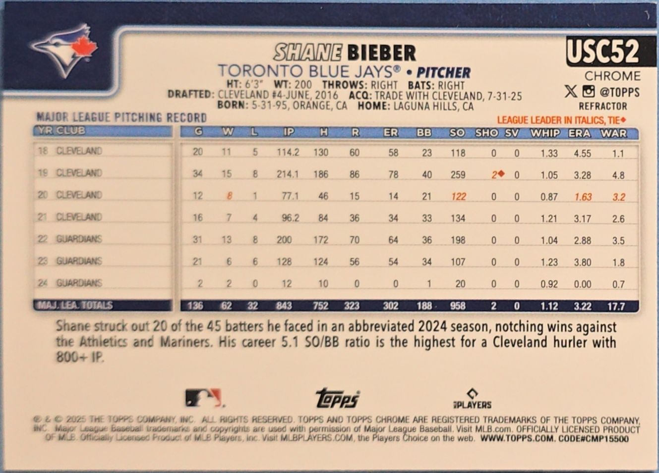 Shane Bieber 2025 Topps Chrome Refractor #USC52