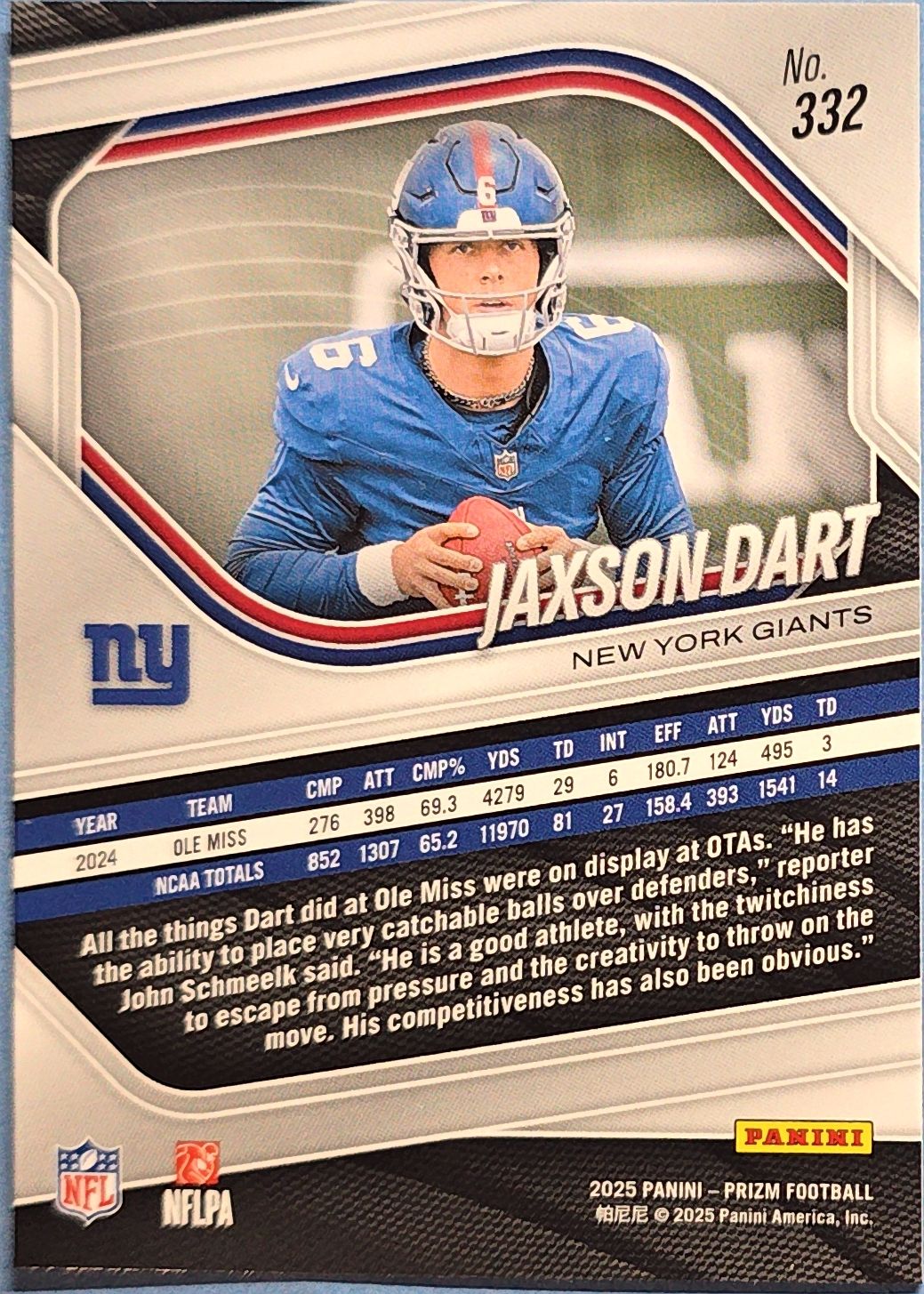 Jaxson Dart 2025 Panini Prizm Rookie #332 (RC)