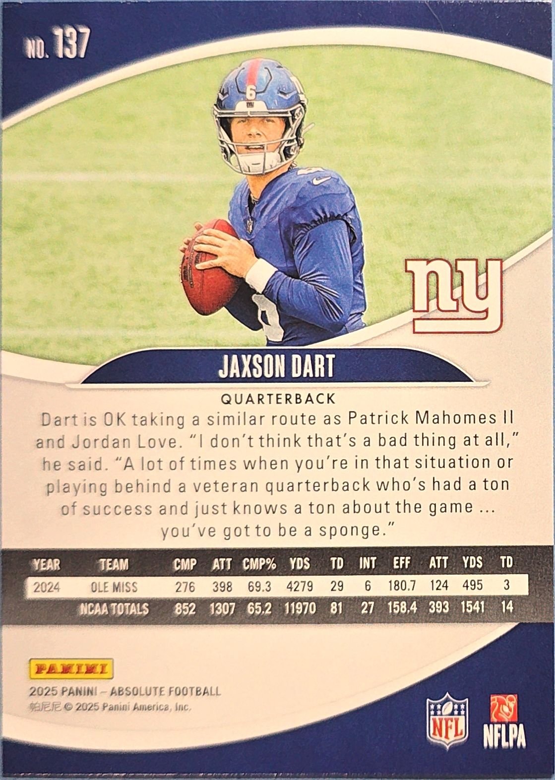 Jaxson Dart 2025 Panini Absolute Rookie #137 (RC)