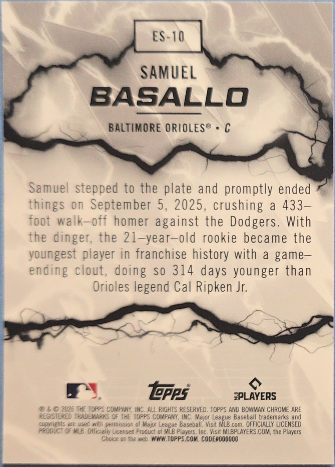 Samuel Basallo 2026 Bowman Chrome Electric Sluggers Rookie #ES-10 (RC)