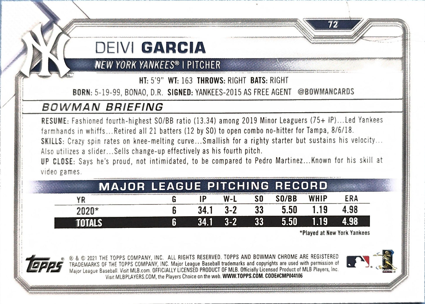 Deivi Garcia 2021 Bowman Rookie #72 (RC)