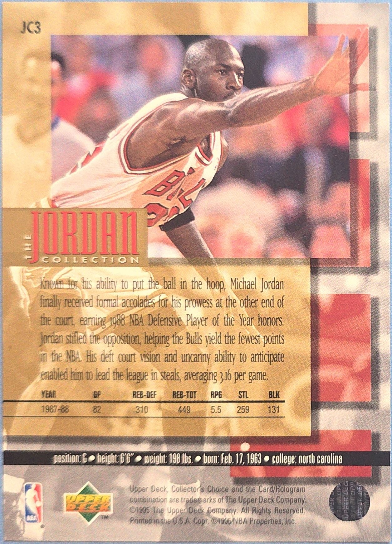 Michael Jordan 1995 Upper Deck Collector's Choice 'Defensive Player of the Year' #JC3