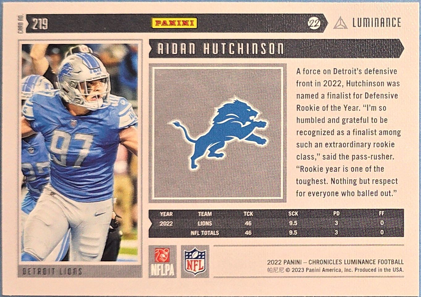 Aiden Hutchinson 2022 Panini Luminance Update Rookies #219 (RC)