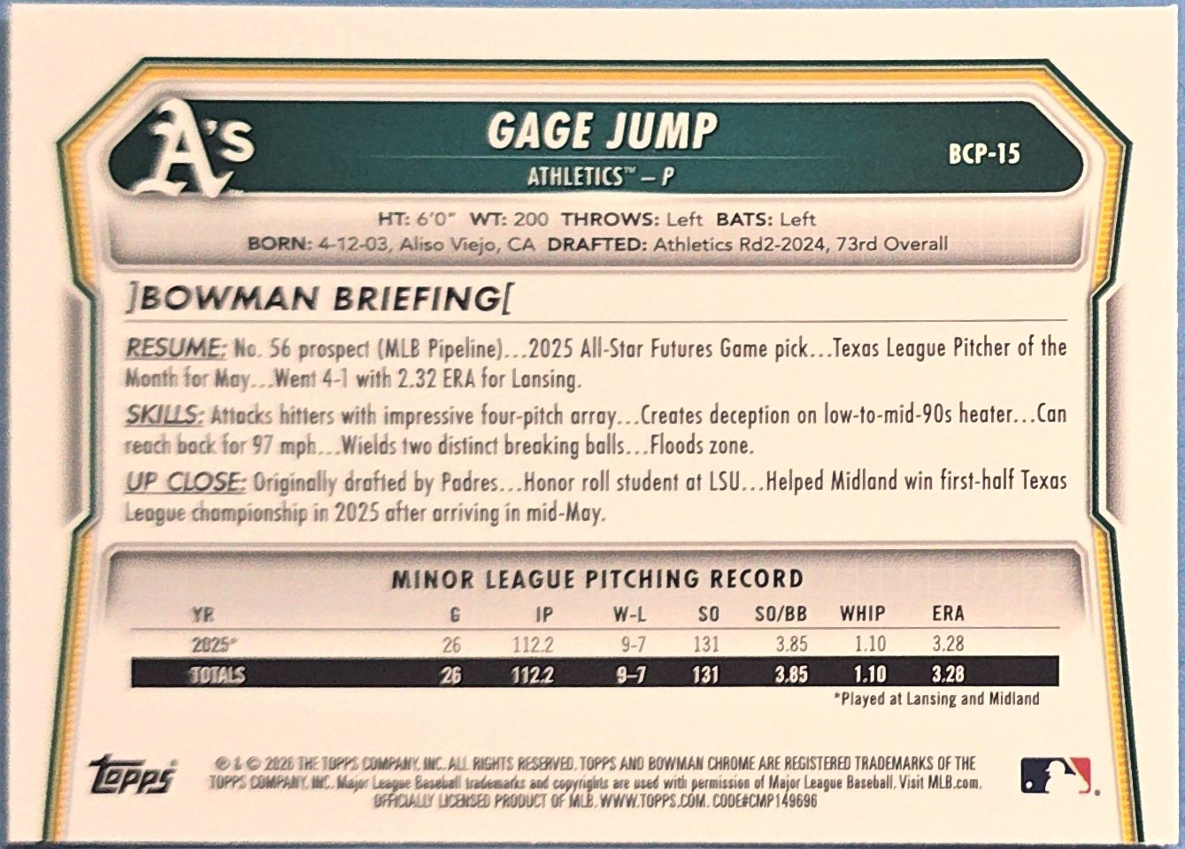 Gage Jump 2026 1st Bowman Chrome Prospects Mojo Refractor #BCP-15 (RC)