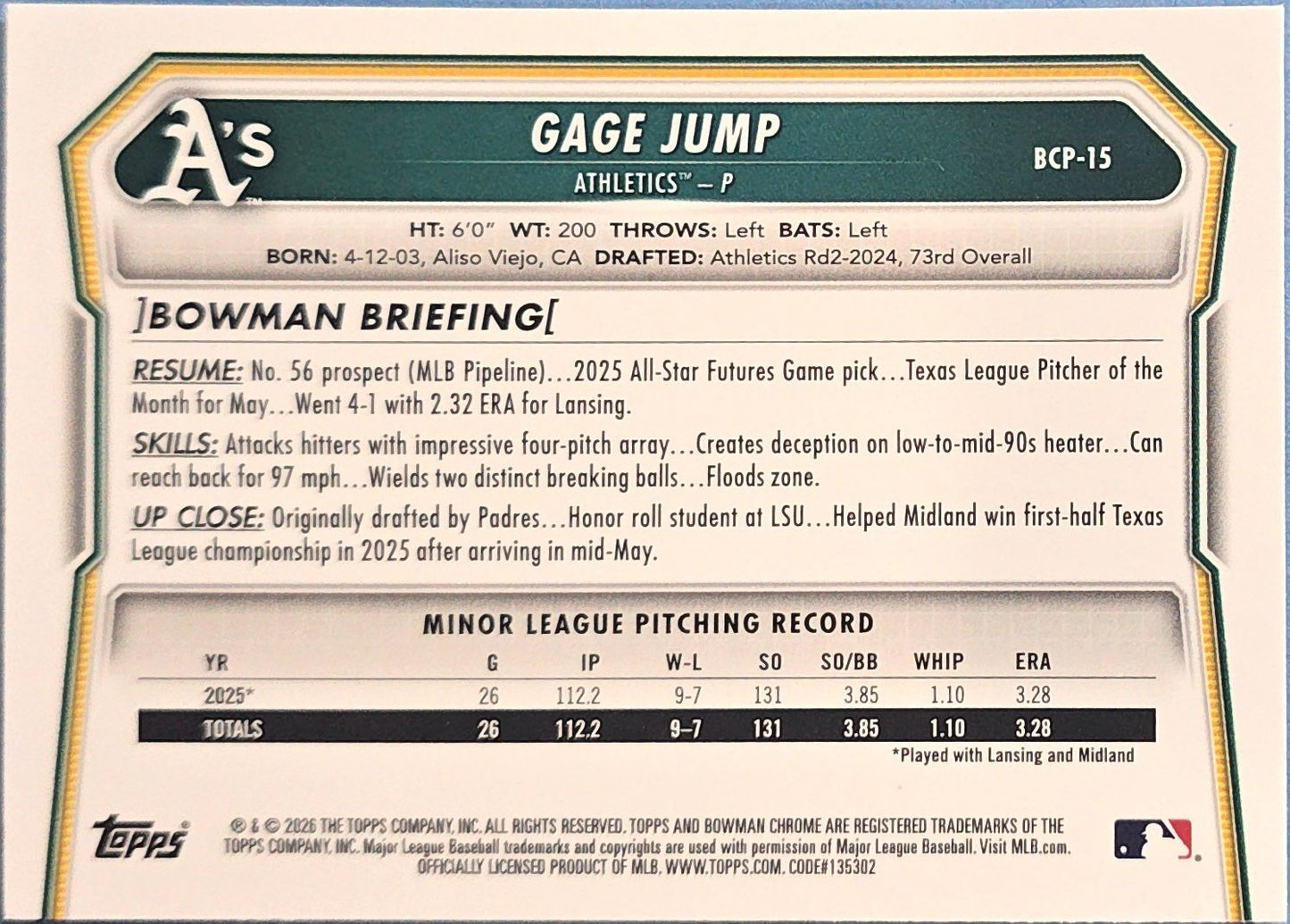 Gage Jump 2026 1st Bowman Chrome Prospects #BCP-15 (RC)