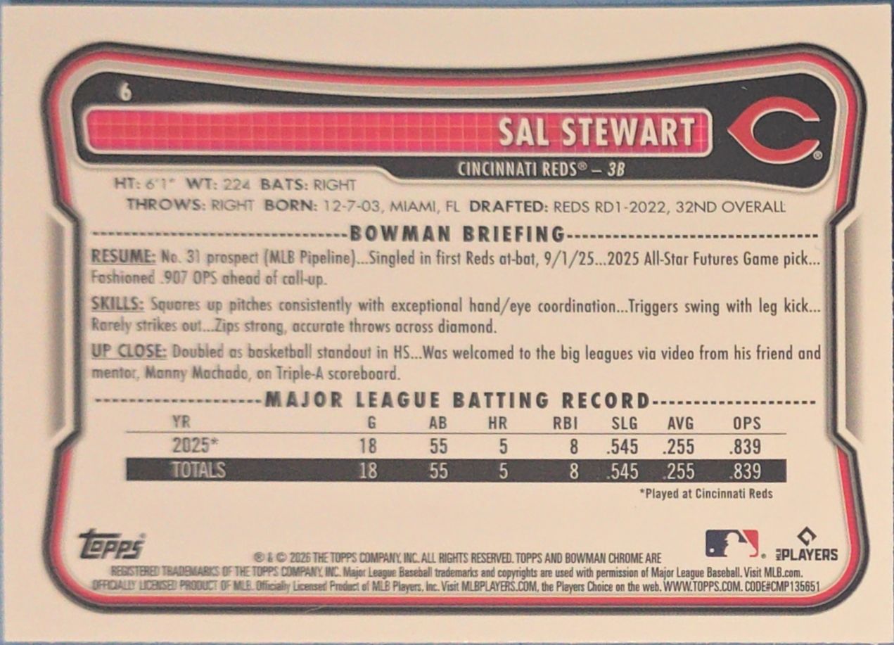 Sal Stewart 2026 Cowman Chrome Mojo Refractor Rookie #6 (RC)
