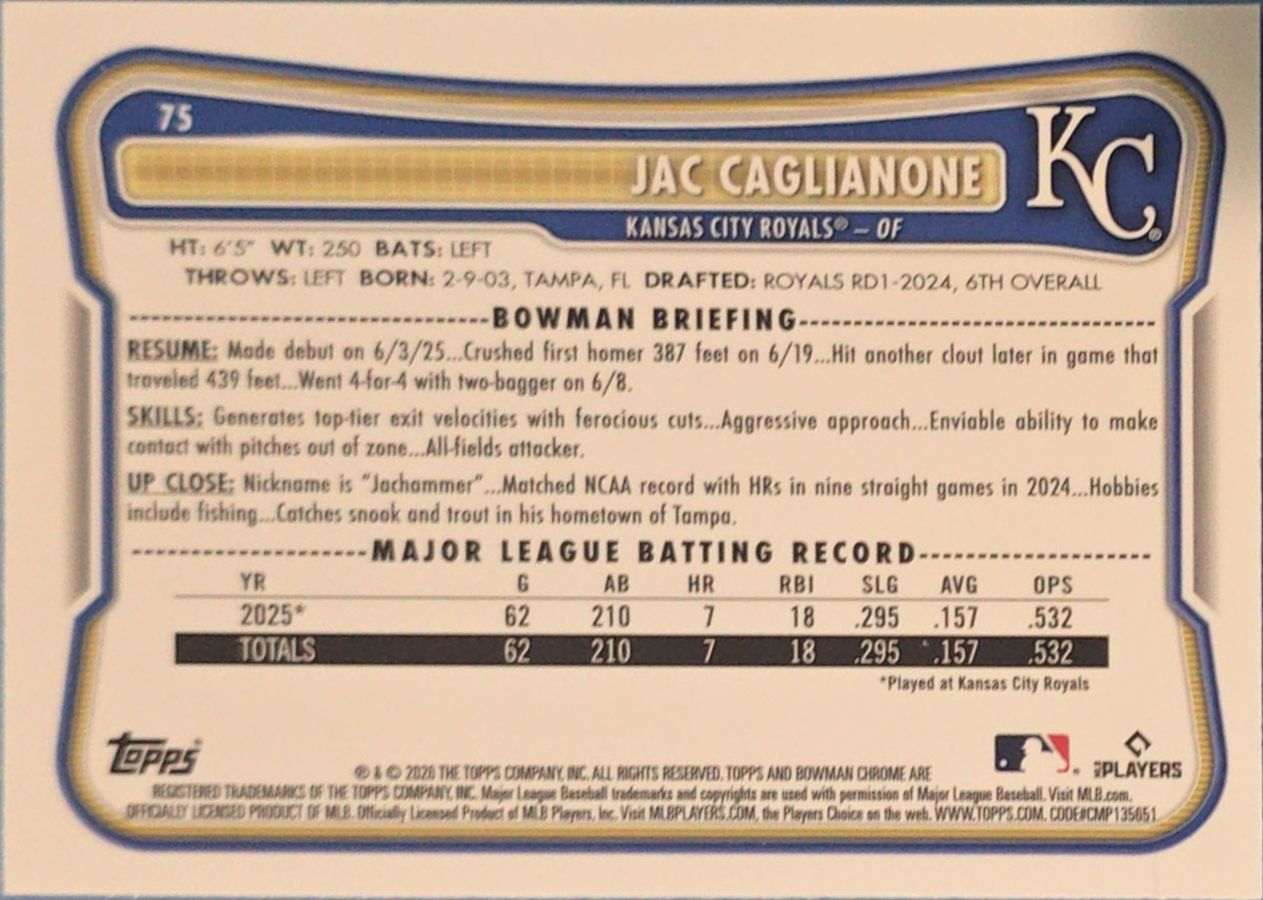 Jac Caglianone 2026 Bowman Chrome Mojo Refractor Rookie #75 (RC)