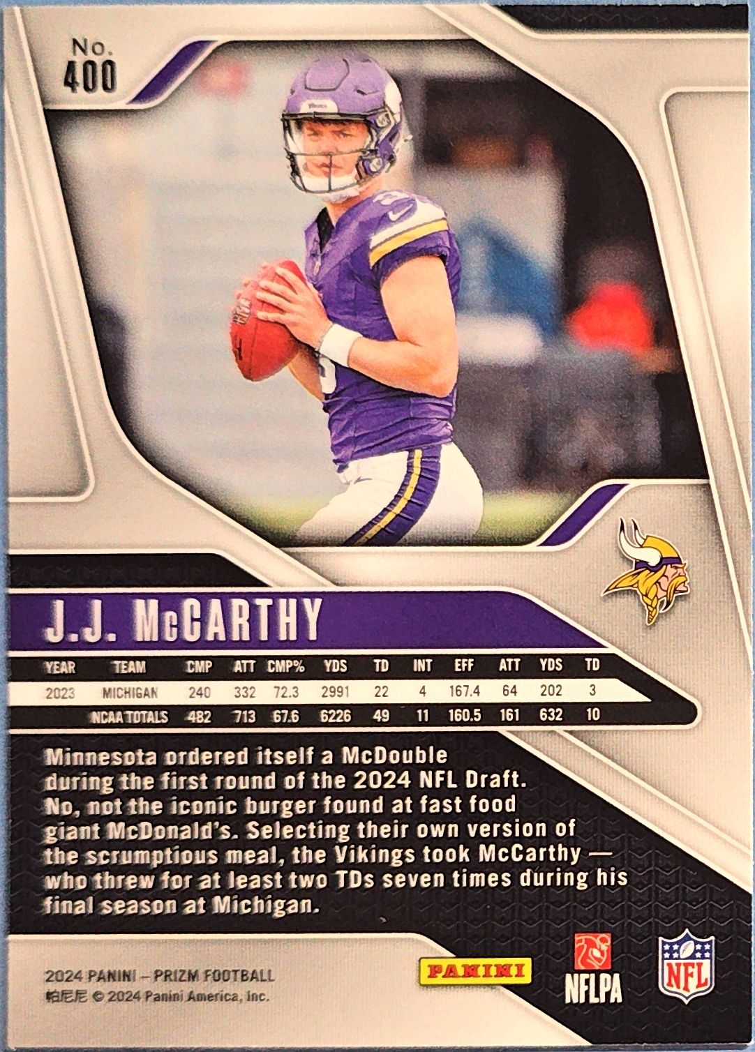 J.J. McCarthy 2024 Panini Prizm Rookie #400 (RC)