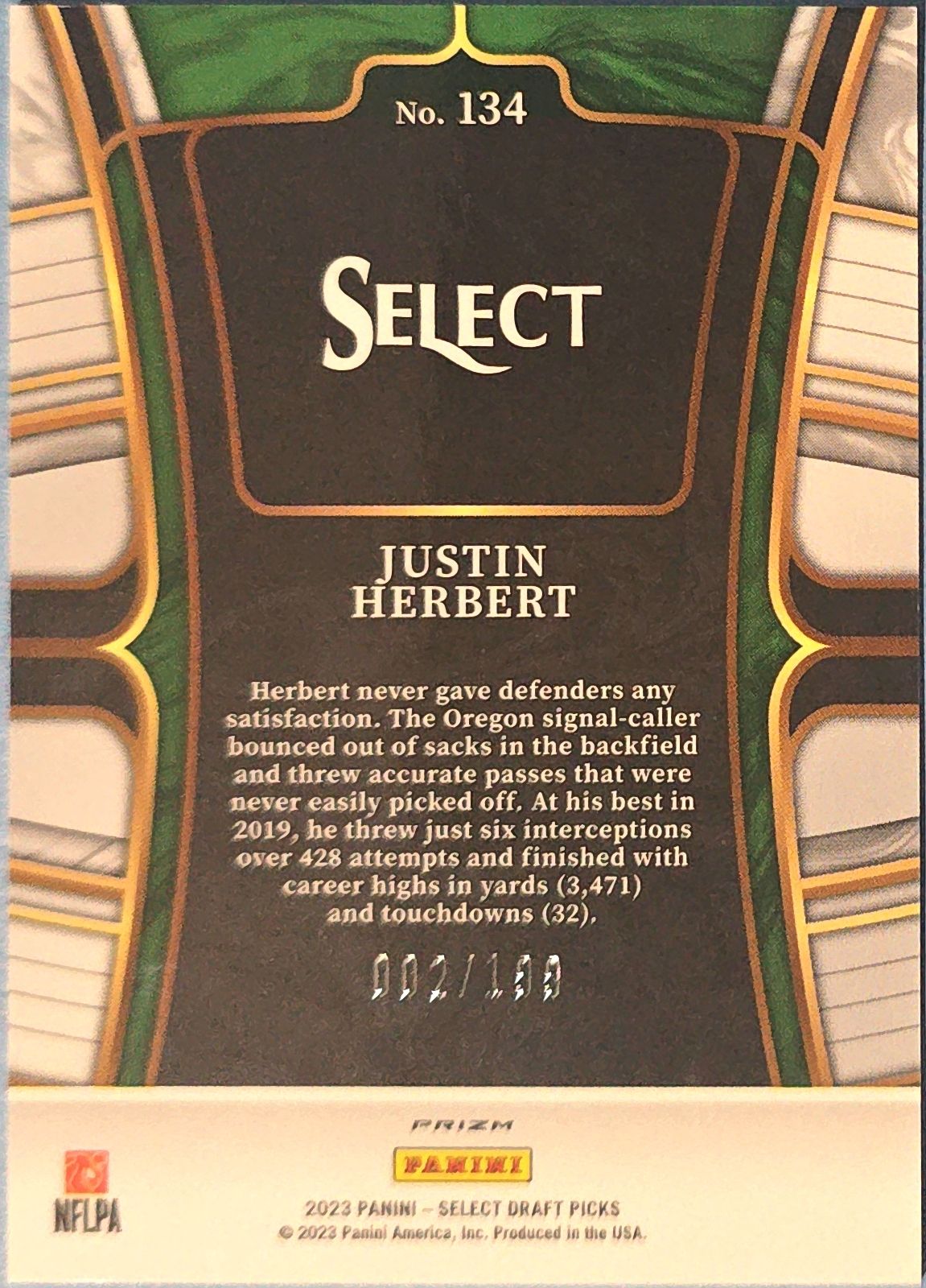 Justin Herbert 2023 Panini Select Draft Picks Filed Level #134 Tri-Color Prizm /199