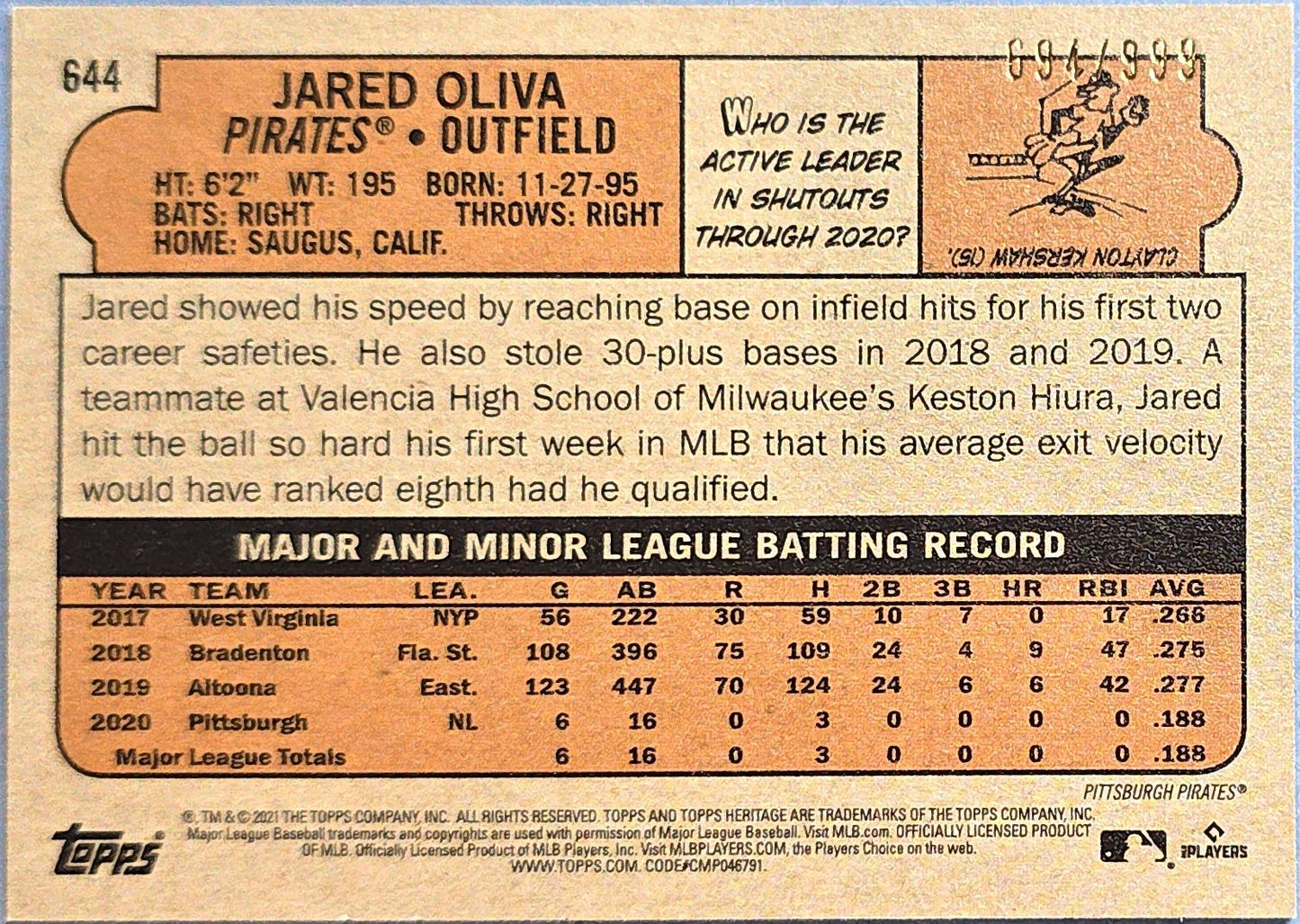 Jared Oliva 2021 Topps Heritage Rookie #644 (RC) /999