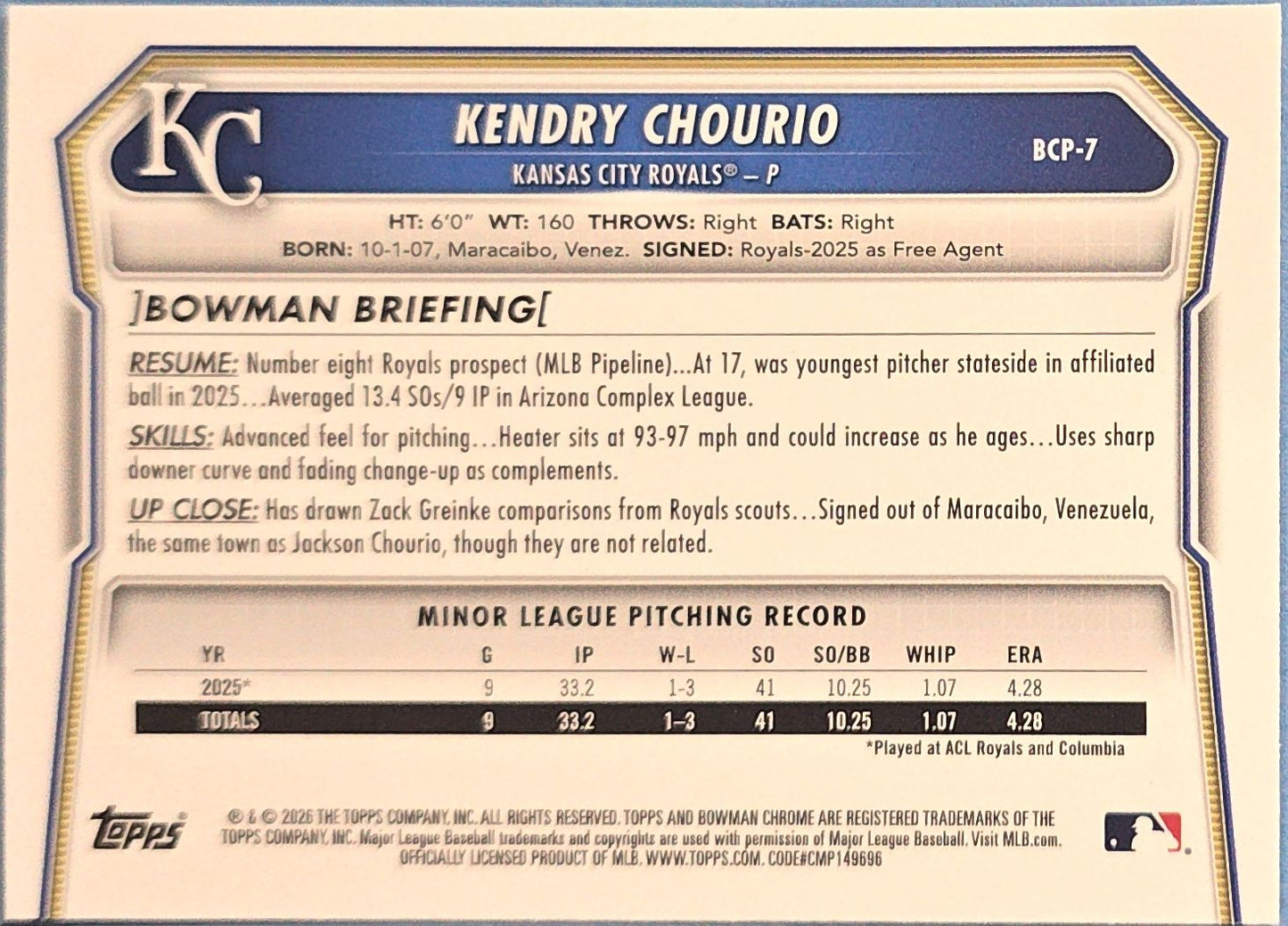 Kendry Chourio 2026 Bown Chrome Mojo Refractor Rookie #BCP-7 (RC)