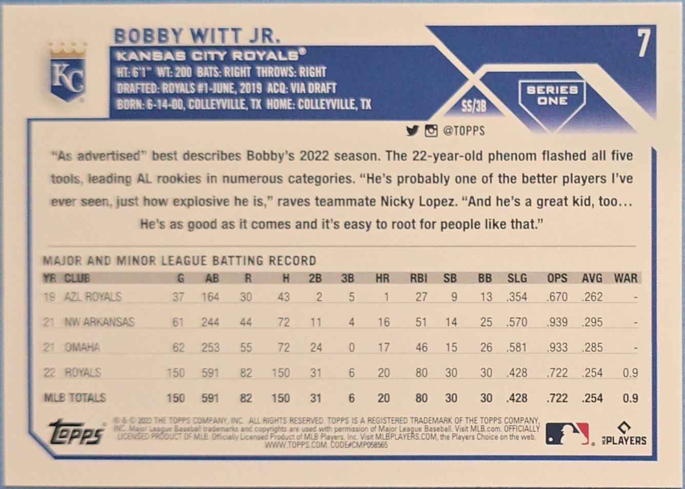 Bobby Witt Jr. 2023 Topps Series 1 #7 Rookie Cup