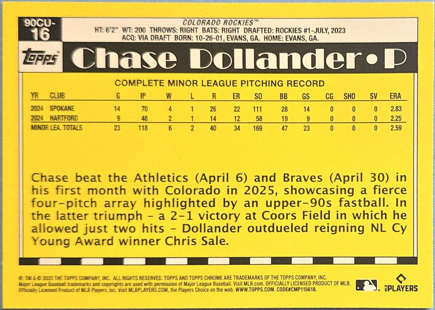Chase Dollander 2025 Topps Chrome 35th Anniversary Rookie #90CU-16 (RC)
