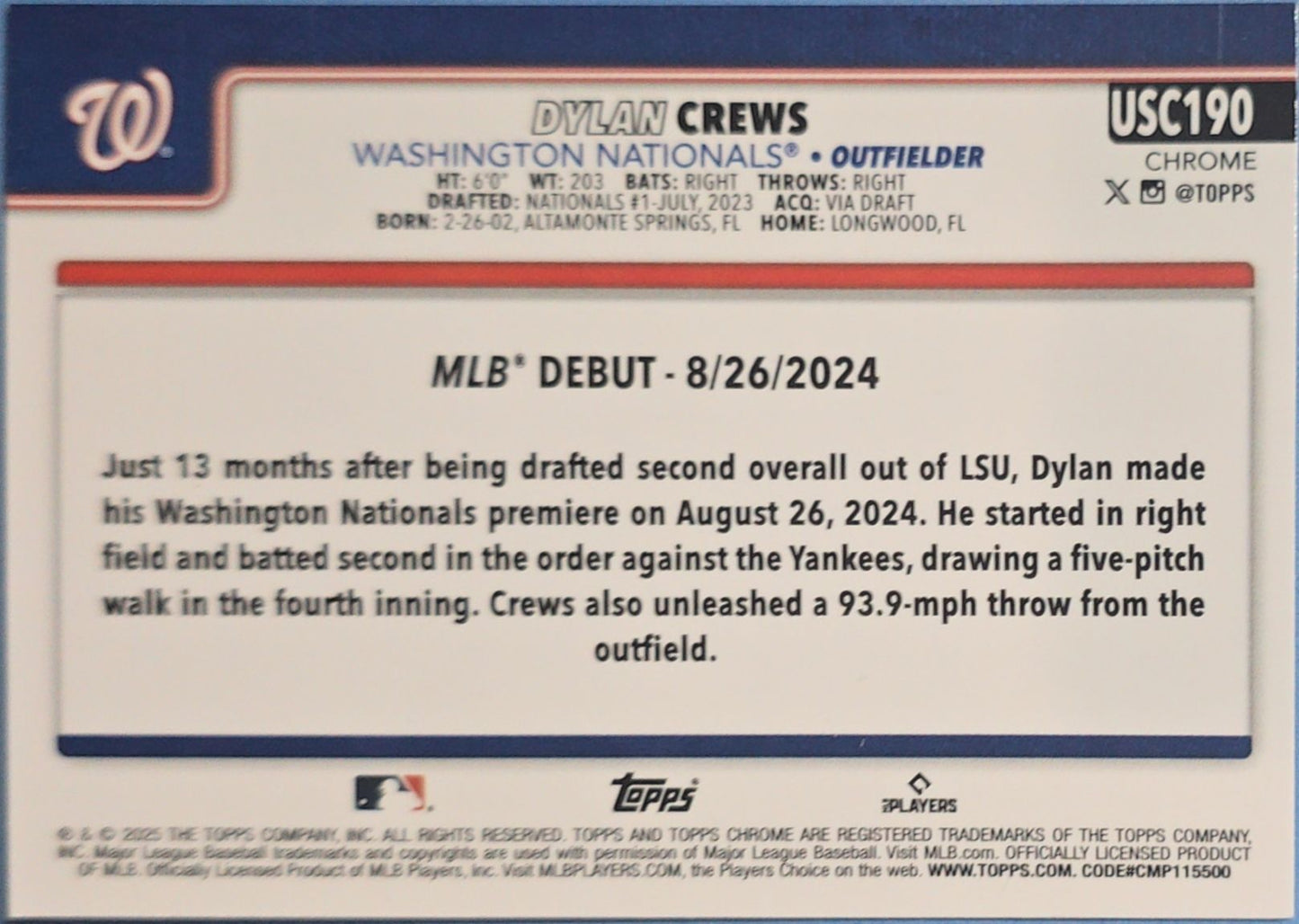 Dylan Crews 2025 Topps Chrome Update Rookie Debut Prism Refractor #USC190 (RC)