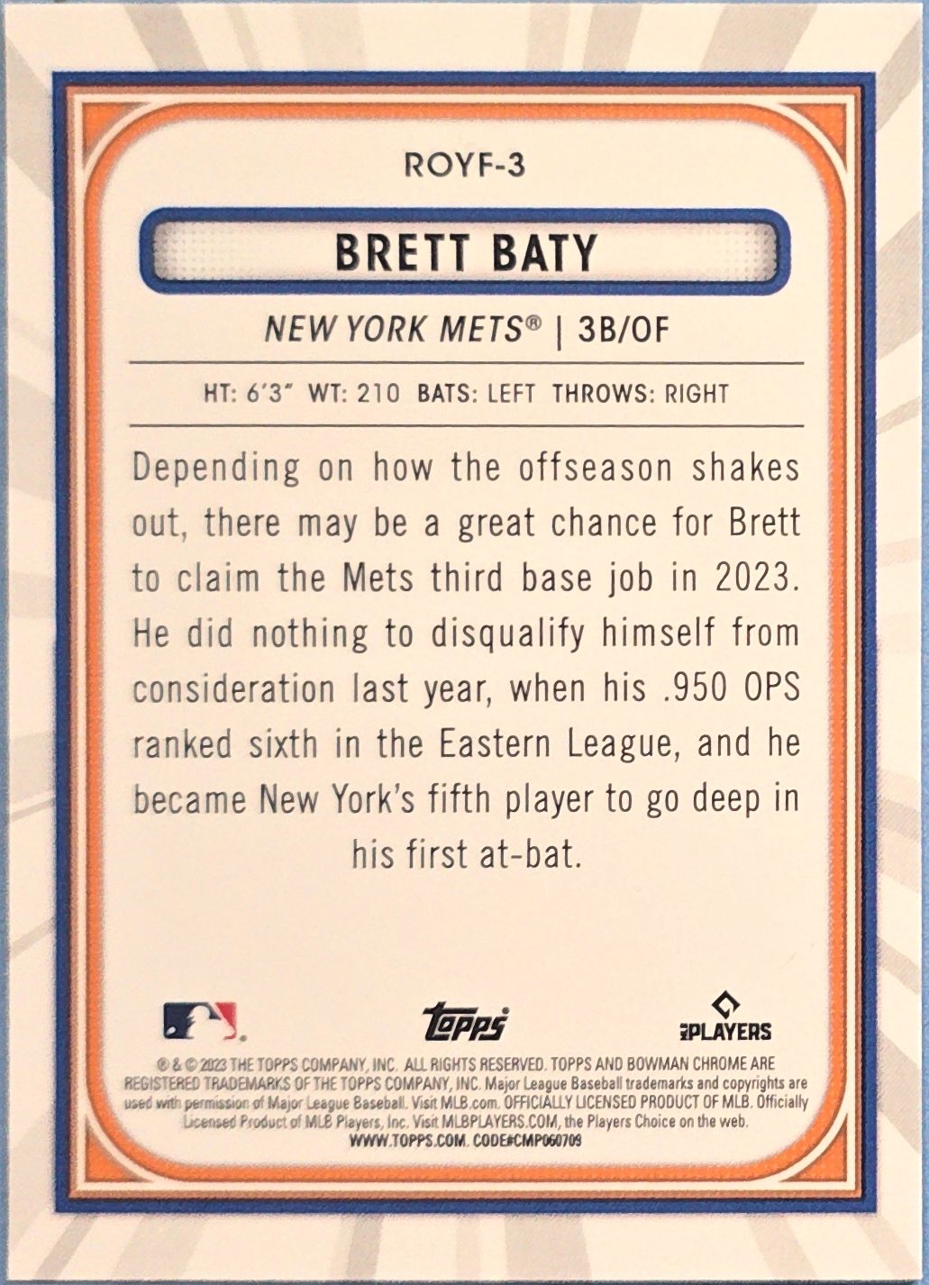 Brett Baty 2023 Bowman Chrome Rookie of the Year Favorites #ROYF-3 (RC)