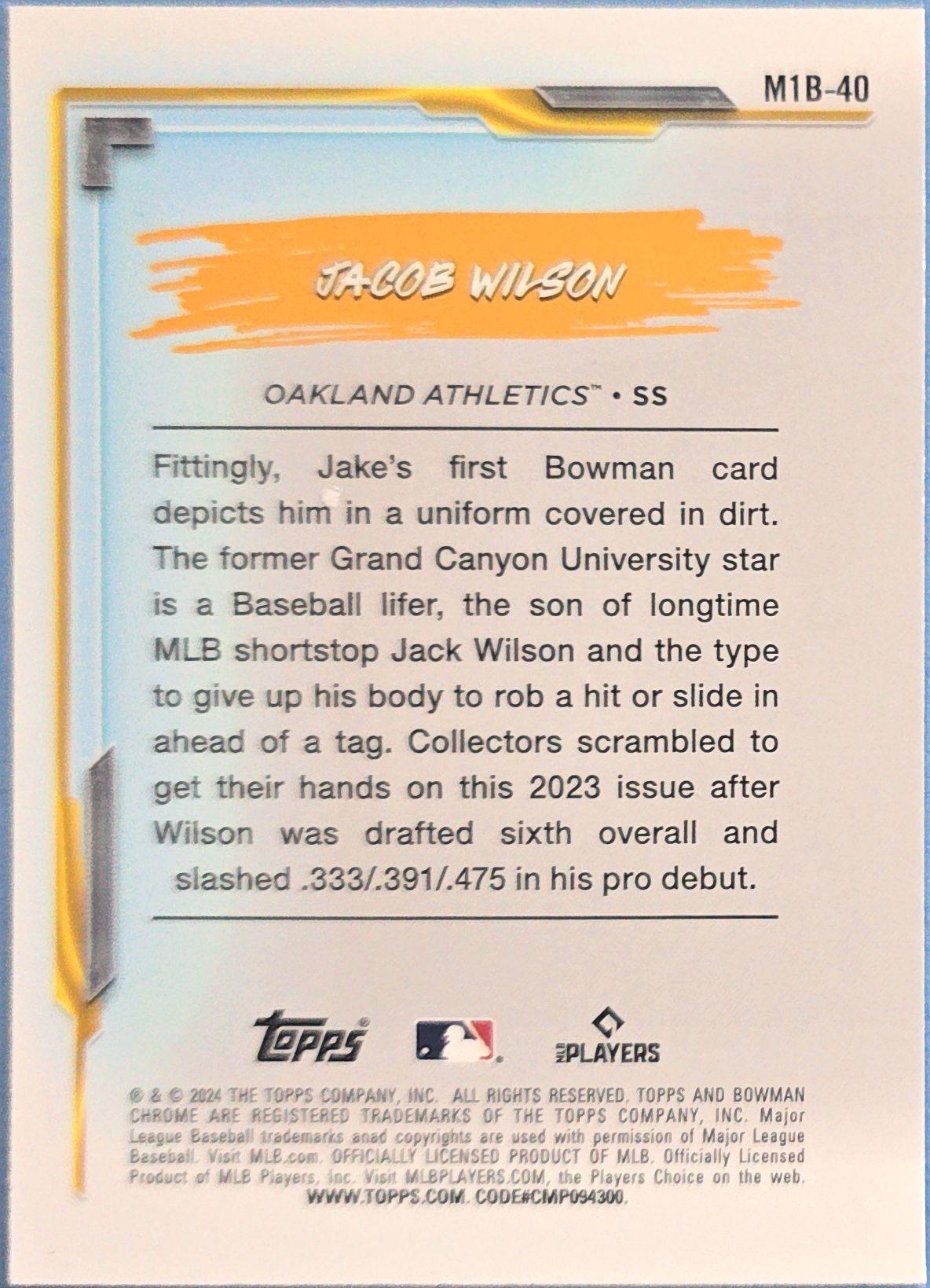 Jacob Wilson 2024 Bowman Chrome -My 1st Bowman- Mojo Refractor #M1B-40 (RC)