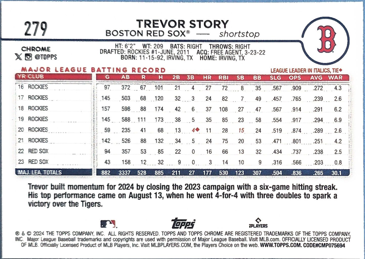 Trevor Story 2024 Topps Chrome Sepia Refractor #279