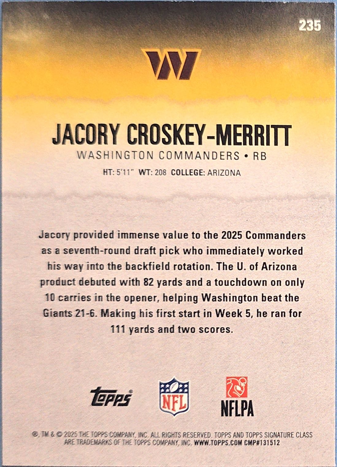 Jacoby Croskey-Merritt 2025 Topps Signature Class Rookie #235 (RC) /250