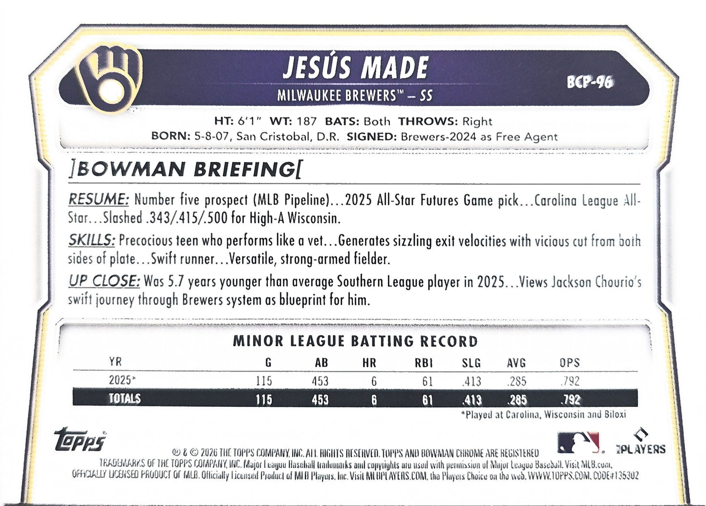 Jesus Made 2026 Bowman Chrome Prospect Speckle Refractor BCP-96
