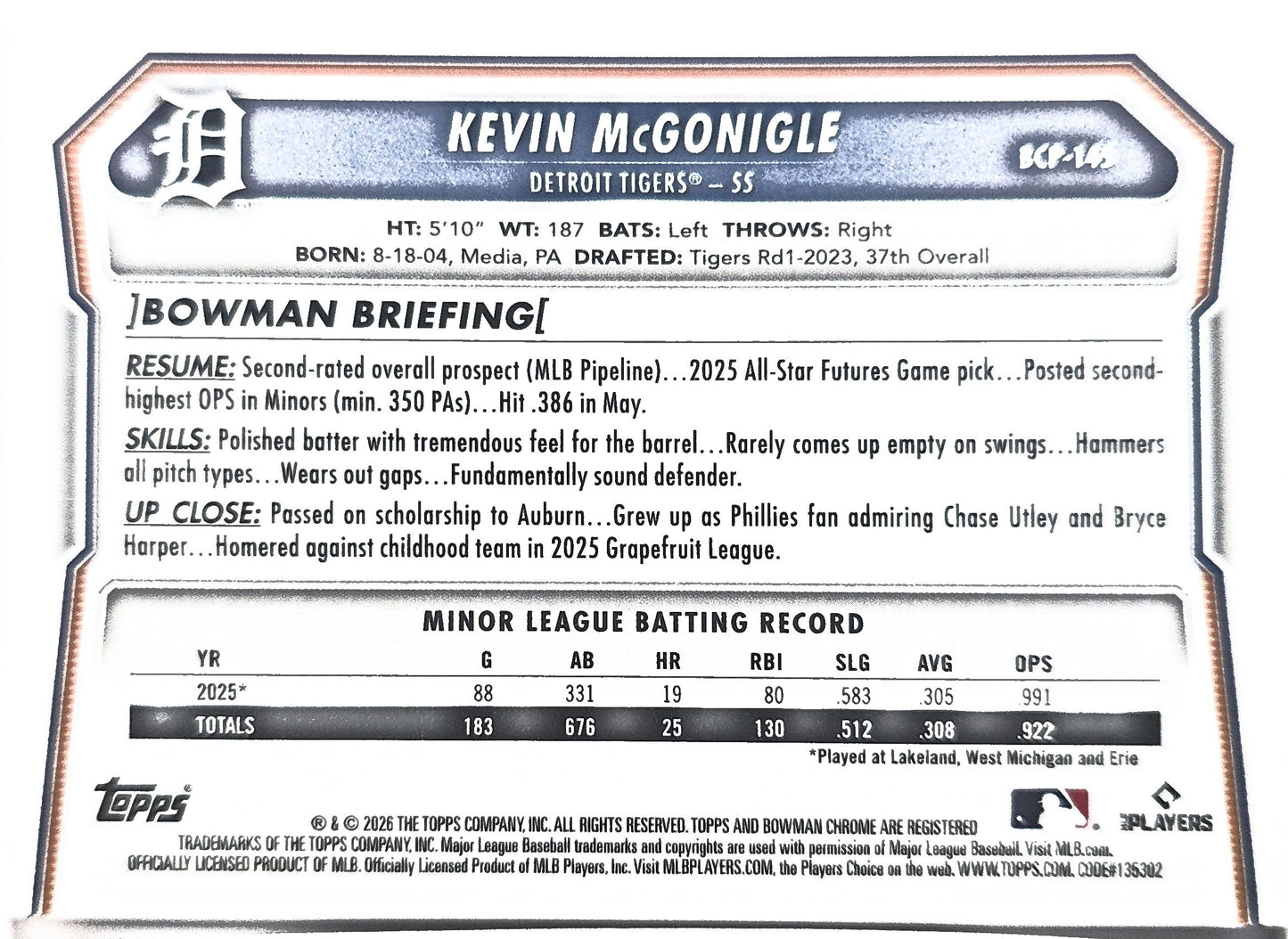 Kevin McGonigle 2026 Bowman Chrome Prospect Speckle Refractor BCP-145