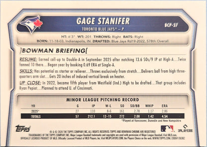 Gage Stanifer 2026 Bowman Chrome Prospect Reptilian Refractor BCP-37