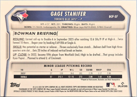 Gage Stanifer 2026 Bowman Chrome Prospect Reptilian Refractor BCP-37
