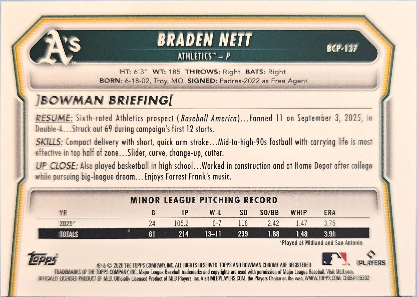 Braden Nett Bowman Chrome Prospect Reptilian Refractor BCP-137
