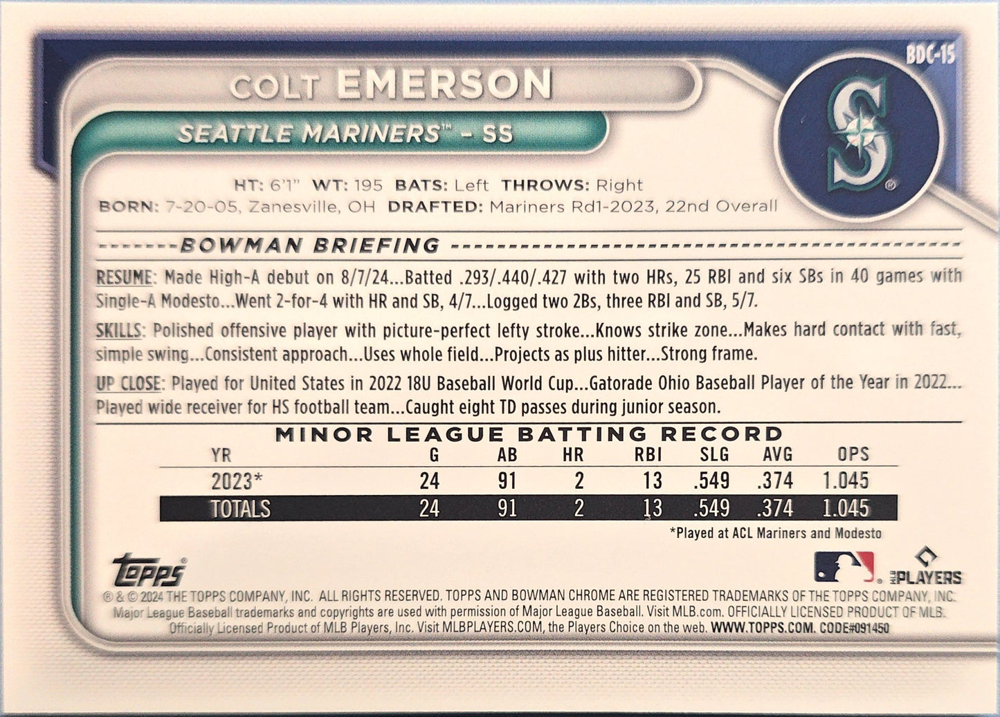 Colt Emerson 2024 Bowman Draft Chrome BDC-15