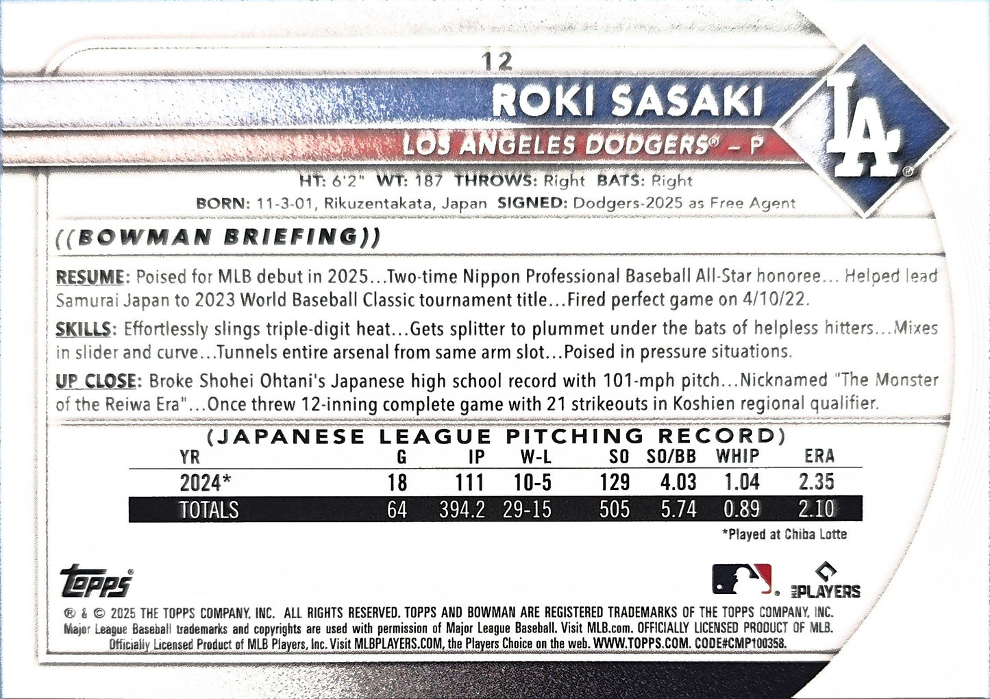 Roki Sasaki 2025 Bowman #12