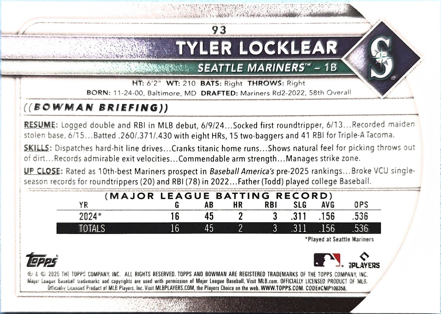 Tyler Locklear 2025 Bowman Chrome Red Rookie #93