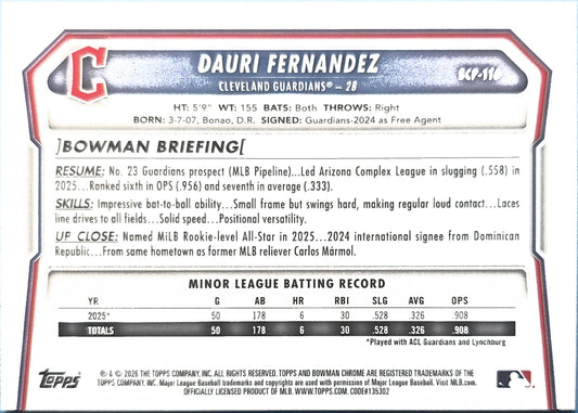 Dauri Fernandez 2026 Bowman Chrome Prospects Reptilian Refractor BCP-116