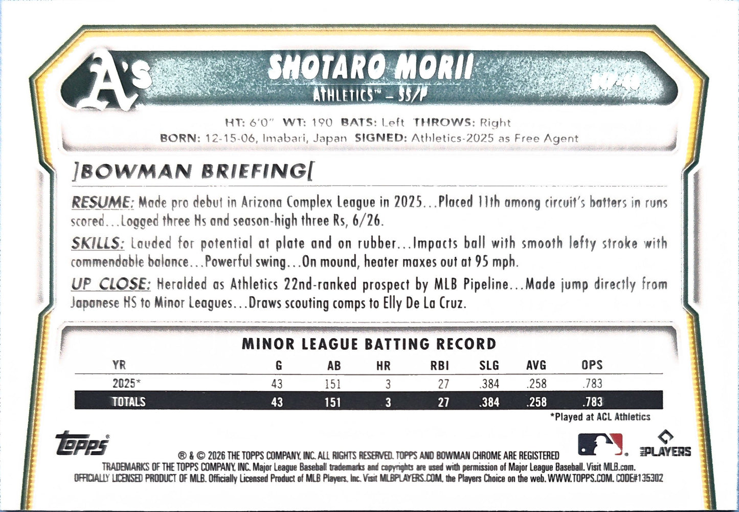 Shotaro Mori 2026 Bowman Chrom Prospect #BCP-48