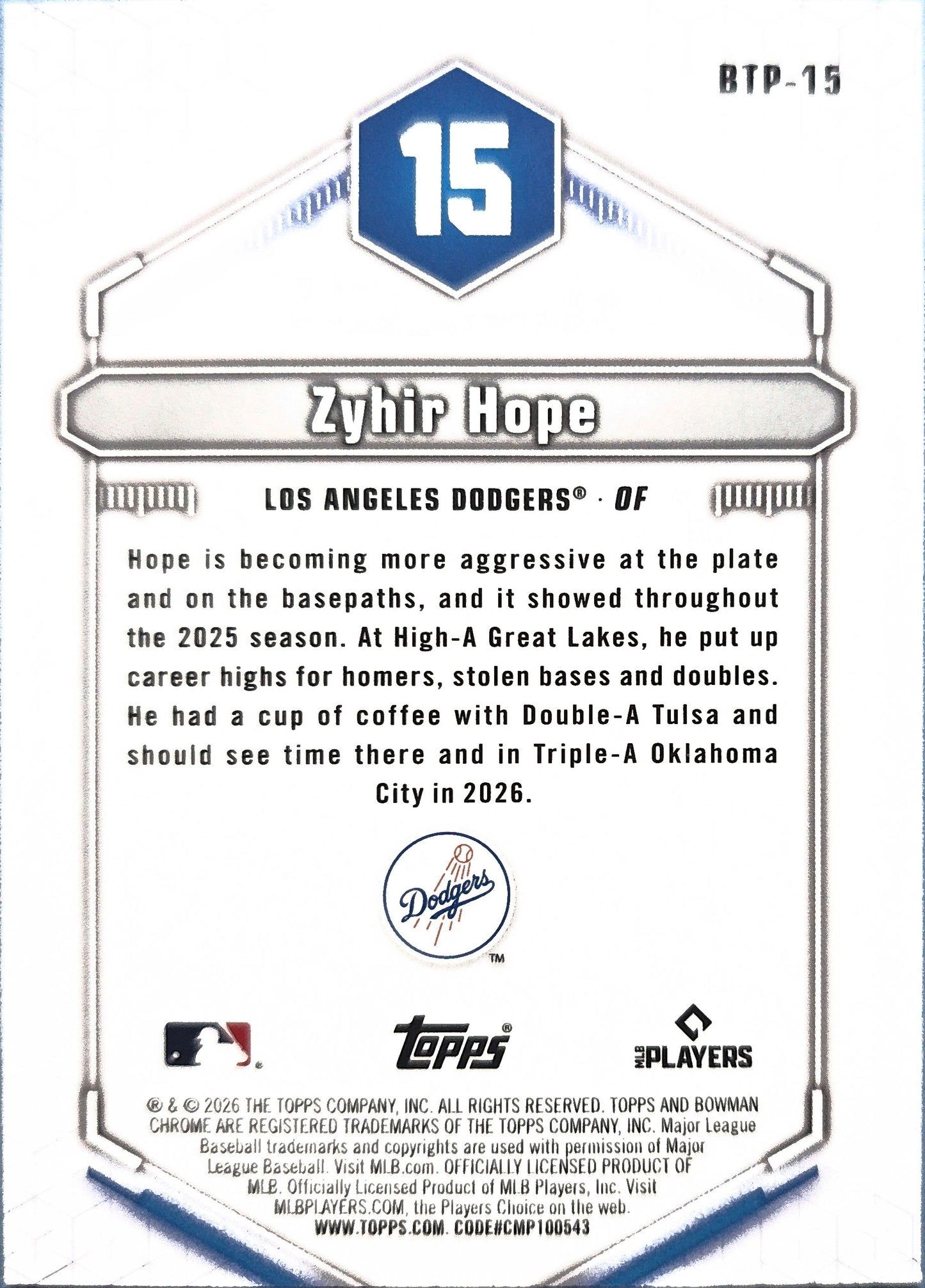 Zyhir Hope 2026 Bowman Chrome Top 100 BTP-15