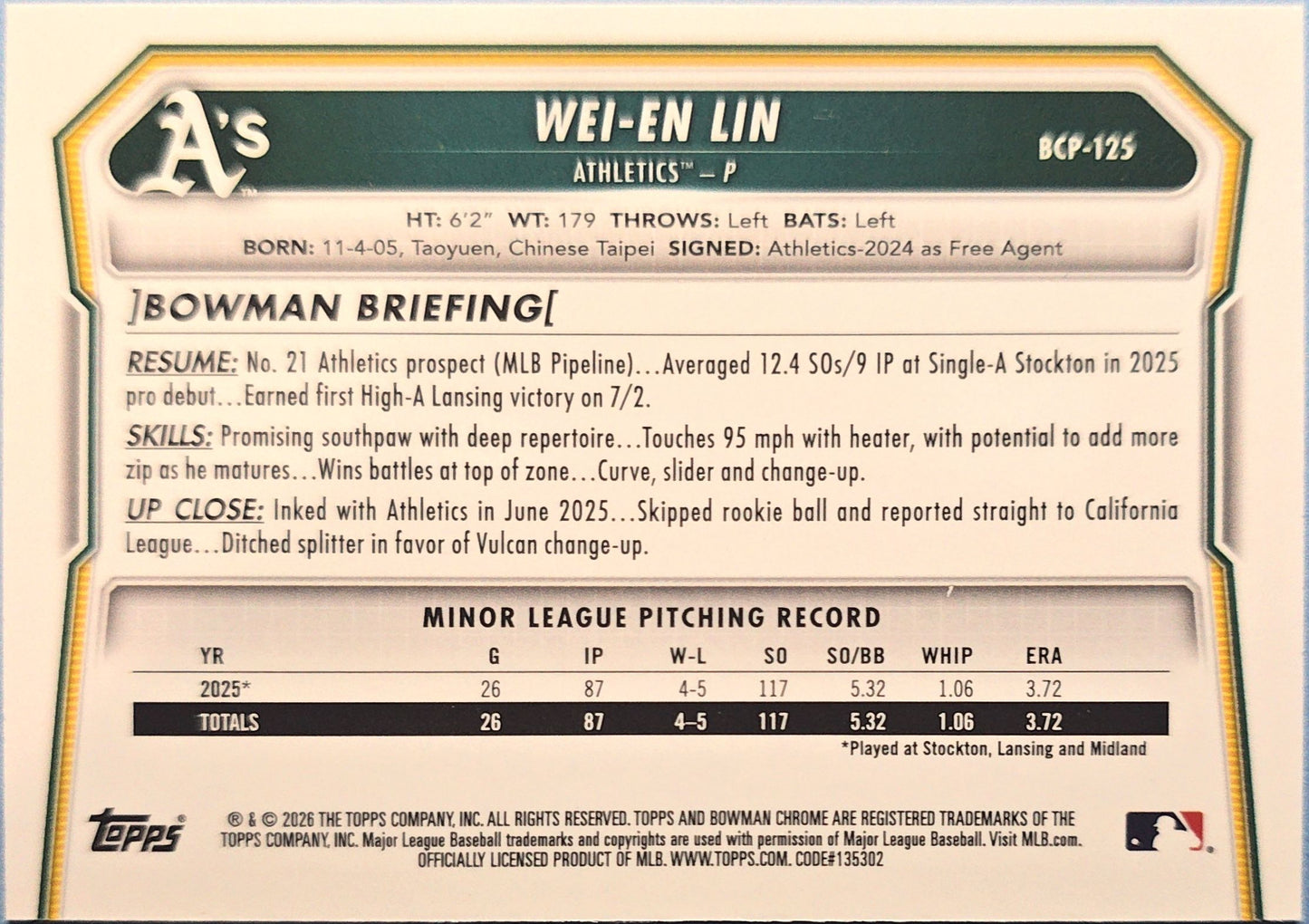 Wei-En Lin 2026 Bowman Chrome Prospects #BCP-125