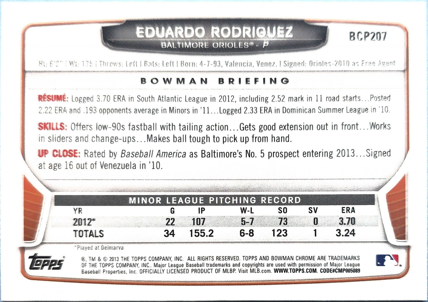 Eduardo Rodriguez 2013 Bowman Chrome Prospects BCP207