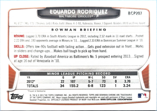 Eduardo Rodriguez 2013 Bowman Chrome Prospects BCP207