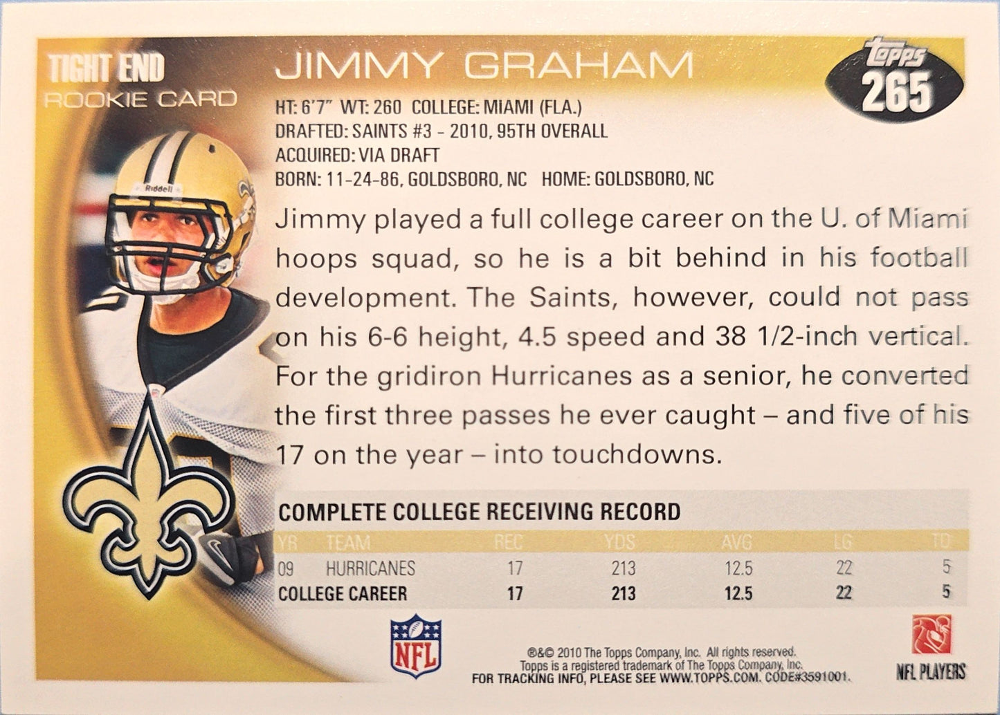 Jimmy Graham 2010 Topps Rookie #265 (RC)