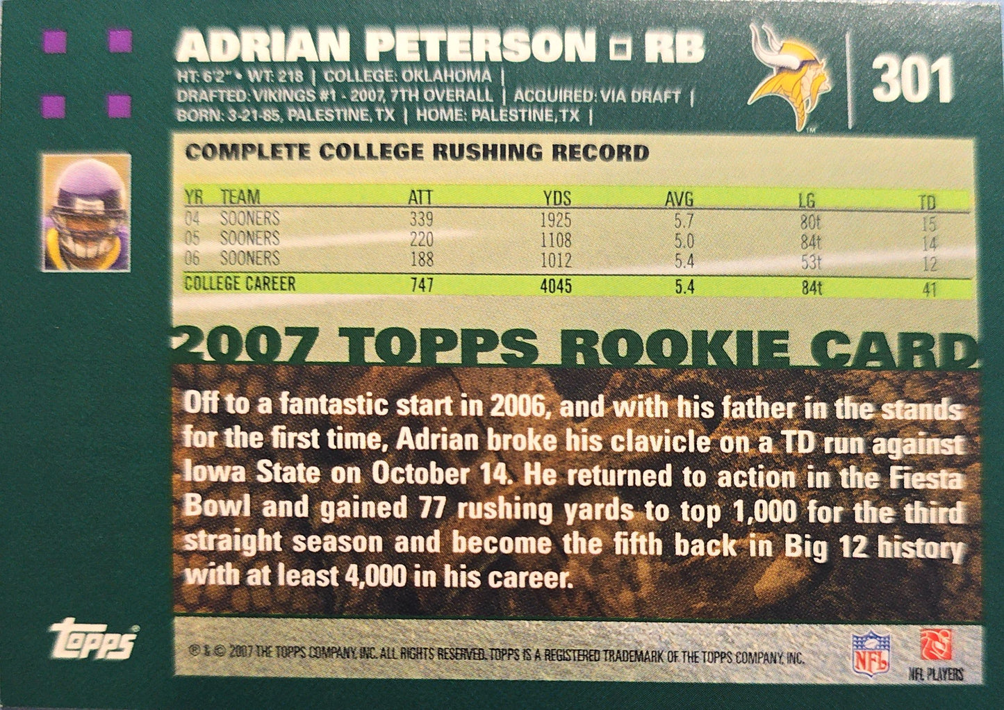 Adrian Peterson 2007 Topps Rookie #301 (RC)