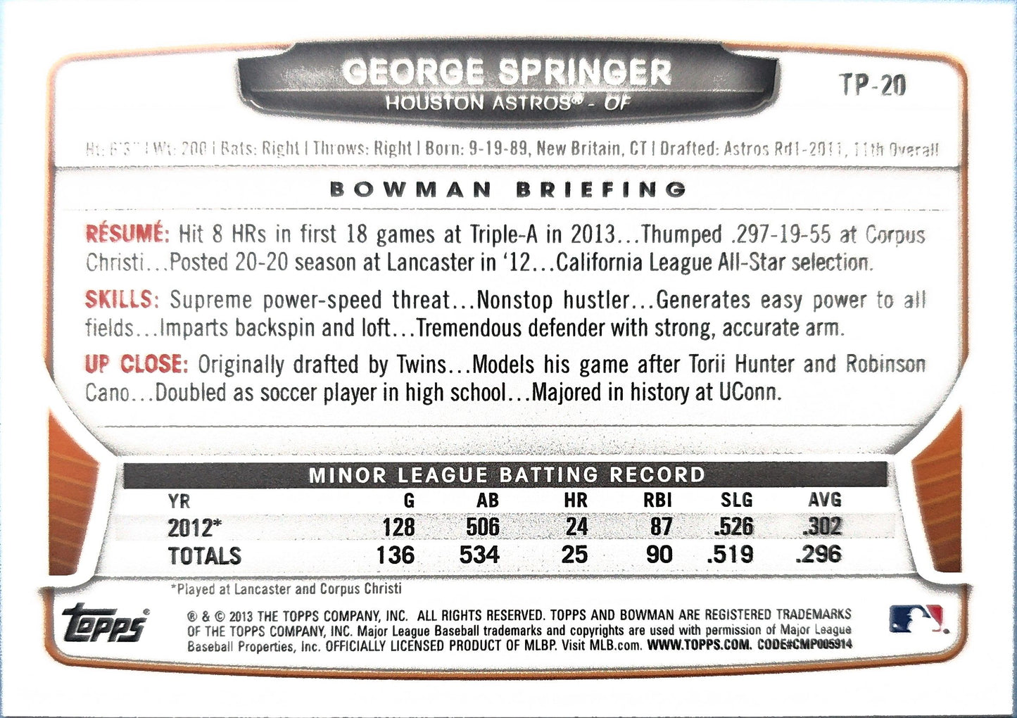 George Springer 2013 Bowman Top Prospects TP-20