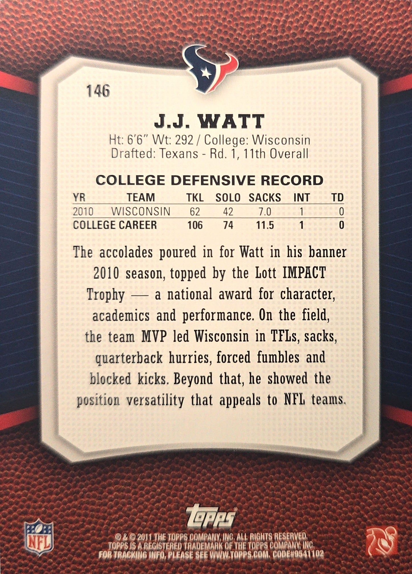 J.J Watt 2011 Topps Rising Rookie #146