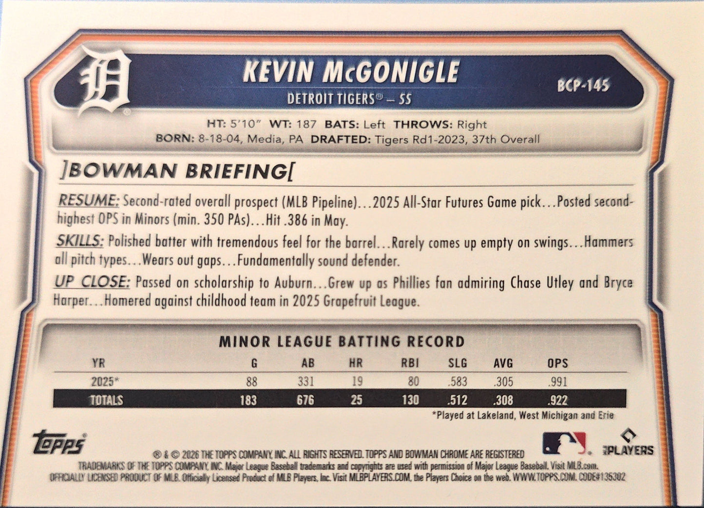 Kevin McGonigle Bowman Chrome Prospects Reptilian Refractor BCP-145