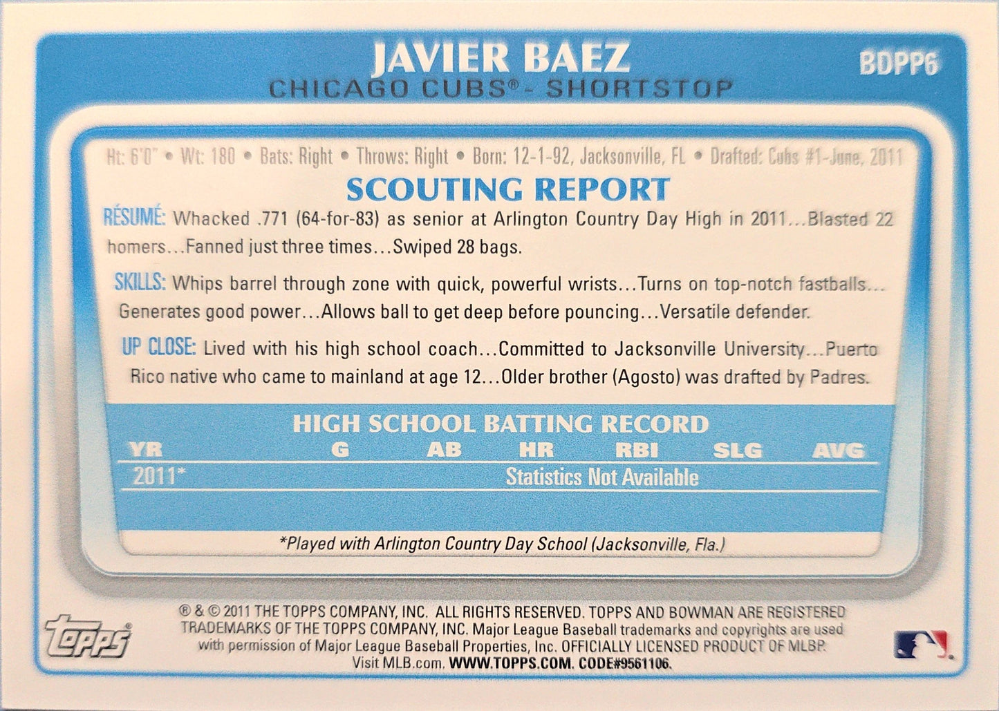 Javier Baez 2011 Bowman 1st #BDPP6