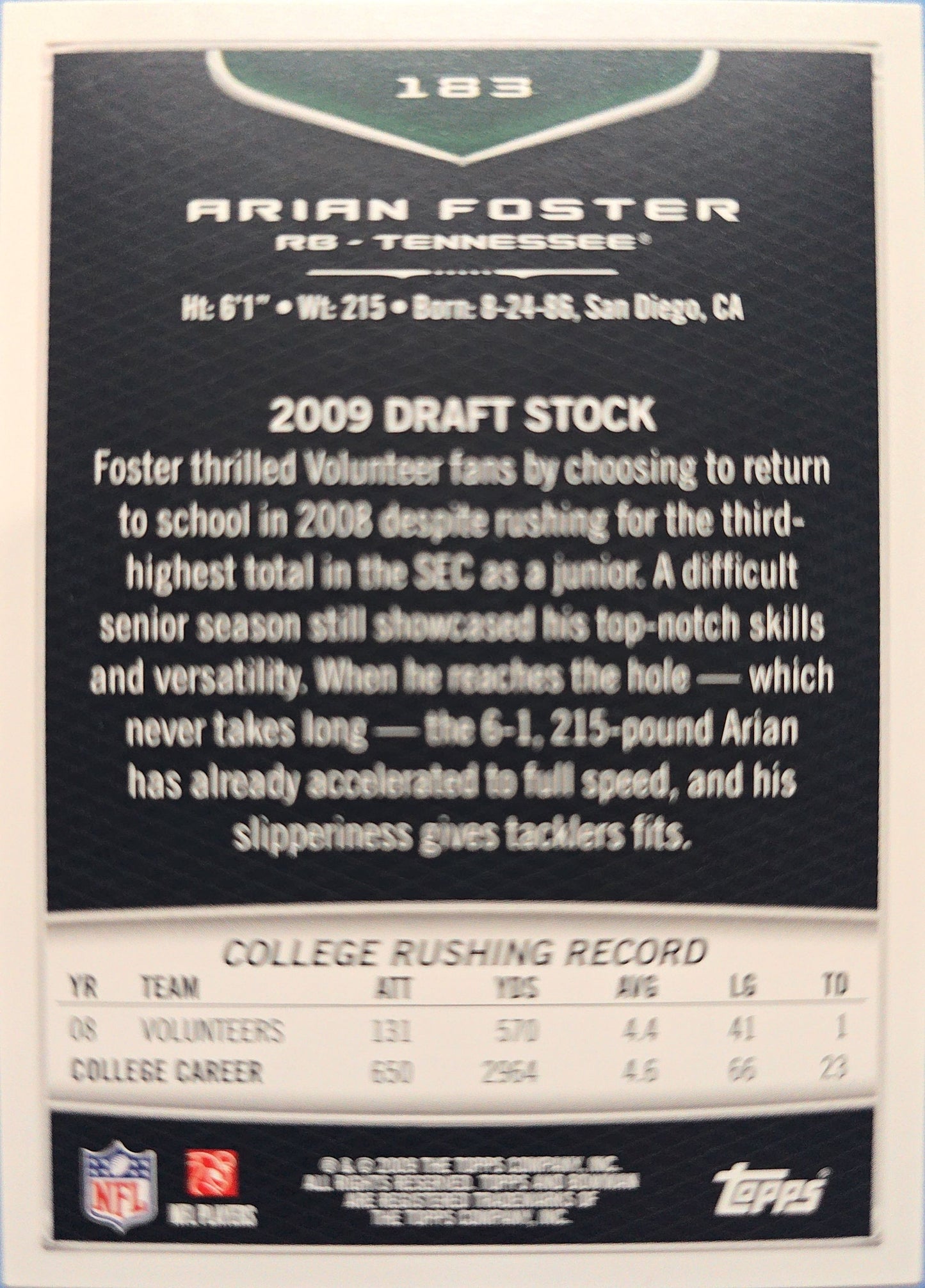 Arian Foster 2009 Bowman #183 - Tennessee
