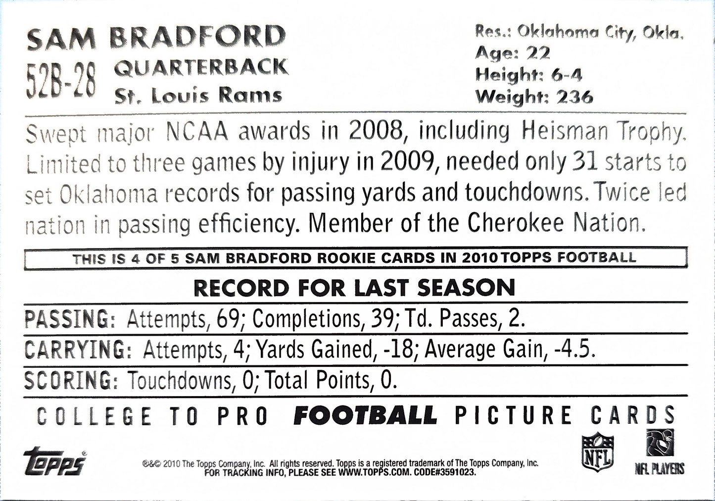 Sam Bradford 2010 Topps #52B-28