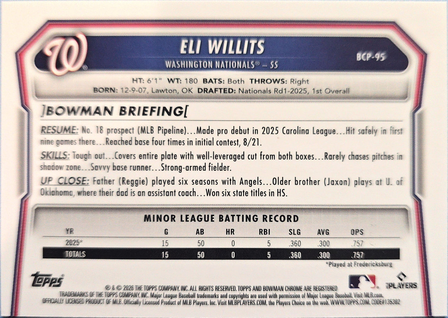 Eli Willits 2026 Bowman Chrome Prospect Speckle Refractor BCP-95 /299