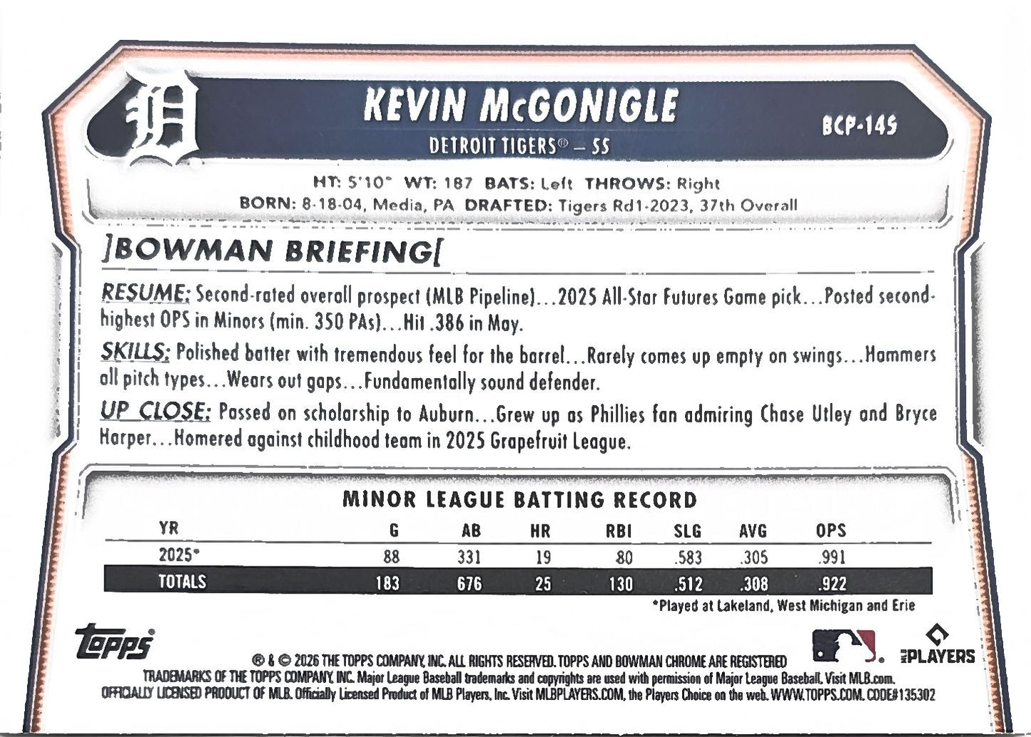 Kevin McGonigle 2026 Bowman Chrome Prospects BCP-145