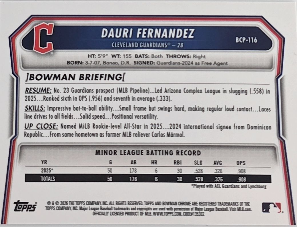 Dauri Fernandez 2026 Bowman Chrome Prospects Reptilian Refractor BCP-116